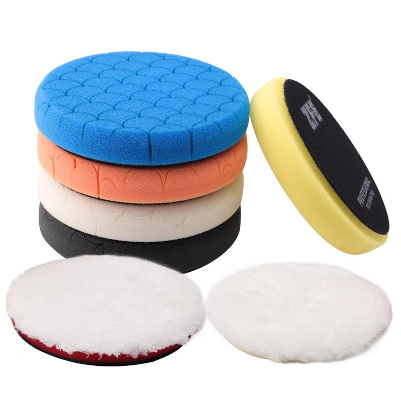 ZFE Buffing Polishing Pads, 7Pc 5.5 Inch Face for 5Inch 125mm Backing Plate Compound Buffing Sponge Pads Cutting Polishing Pad Kit for Car Buffer Polisher Compounding, Polishing and Waxing -PPTYS5SET - Image 1